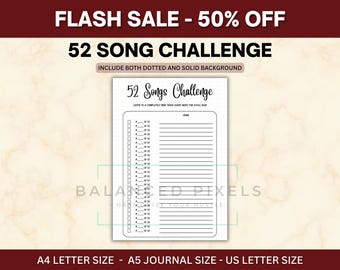52 Song Challenge - Weekly Music Tracker - Song a Week Log - Minimalist Audio Bujo - Entertainment Insert
