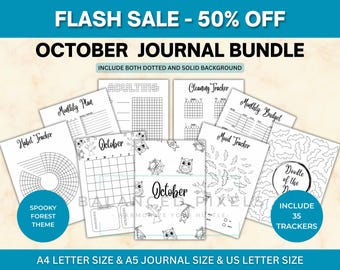 October Planner Bundle - Spooky Forest Theme Printable - Undated Monthly Calendar - Black & White - October Journal Pages