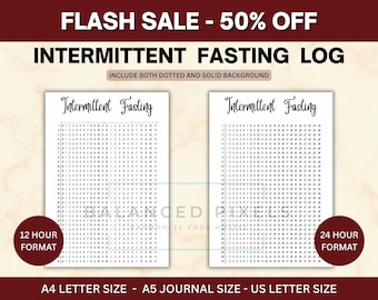 Suivi de jeûne intermittent - Journal de jeûne mensuel - Format 12 et 24 heures - Insertion Bujo pour régime minimaliste