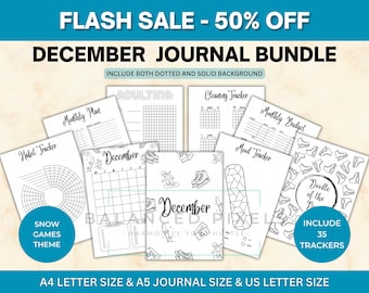 December Planner Bundle - Winter Sports Theme Printable - Undated Monthly Calendar - Black & White - December Journal Pages
