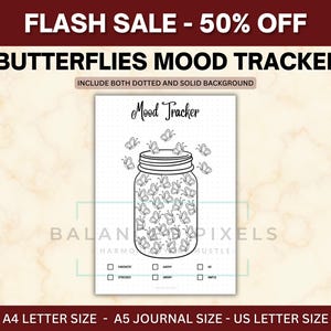 Op de afbeelding: Een zwart-wit Butterflies Mood Tracker journaalpagina. De pagina toont een pot vol vlinderillustraties. De tekst "Mood Tracker" staat bovenaan. De pagina bevat selectievakjes voor het volgen van stemmingen. De tekst "FLASH SALE - 50% OFF" staat bovenaan.