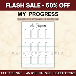 May include: A black and white journal page with the text "My Progress" at the top. The page includes spaces for photos, dates, and weight tracking. The text "FLASH SALE - 50% OFF" is at the top. The journal is available in A4, A5, and US Letter sizes.