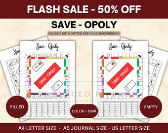 Save-Opoly Spar-Challenge - Geldspar-Spielbrett PDF - Gamifizierter Budget-Tracker - 52-Wochen-Sparziel - Spaß-Planer