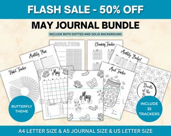 May Planner Bundle - Butterfly Theme Printable - Undated Monthly Calendar - Black & White - May Journal Pages