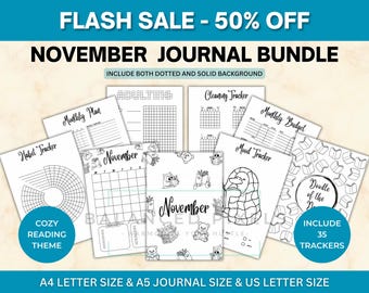 November Planner Bundle - Cozy Reading Theme Printable - Undated Monthly Calendar - Black & White - November Journal Pages