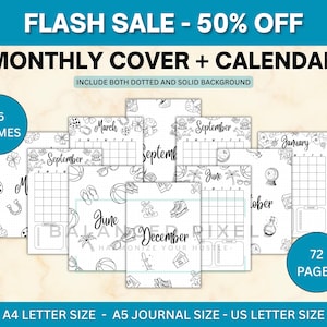 May include: A collection of black and white monthly calendar covers with various themes, including sports equipment and seasonal imagery. The image includes the text "FLASH SALE - 50% OFF" and "MONTHLY COVER + CALENDAR". The calendar is available in A4, A5, and US Letter sizes.