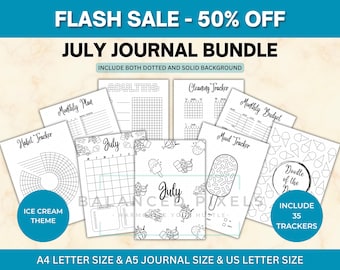 July Planner Bundle - Ice Cream Theme Printable - Undated Monthly Calendar - Black & White - July Journal Pages