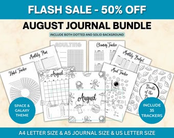 August Planner Bundle - Space and Galaxy Theme Printable - Undated Monthly Calendar - Black & White - August Journal Pages