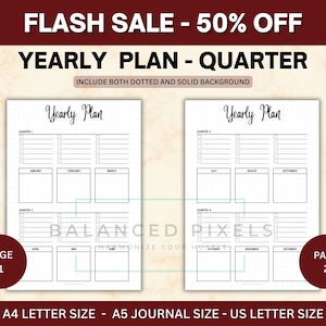 May include: Two-page spread of a yearly planner with the text "Yearly Plan" at the top. The planner includes sections for quarters and months, with checkboxes. The pages are labeled "Page 1" and "Page 2". The text "FLASH SALE - 50% OFF" is at the top.