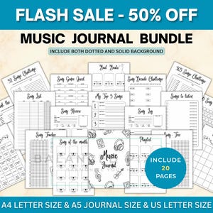 May include: A bundle of music journals with various pages for song tracking, challenges, and reviews. The journals include both dotted and solid backgrounds, with 20 pages. The text on the image says "FLASH SALE - 50% OFF" and "MUSIC JOURNAL BUNDLE".