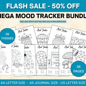Può includere: Un Mega Mood Tracker Bundle con 36 temi e 36 pagine, inclusi sfondi a puntini e pieni. Disponibile nei formati A4, A5 e US Letter. L'immagine include anche il testo "FLASH SALE - 50% OFF".