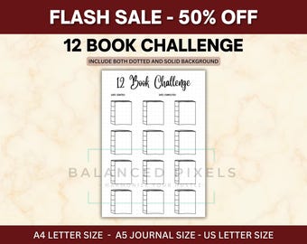 12 Buch Challenge Tracker - Druckbare Leseziel-Tagebuch - Monatlicher Buch Tracker PDF - Bullet Journal Einsatz - Bücherregal Leseliste Diagramm