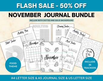 November Planner Bundle - Food Theme Printable - Undated Monthly Calendar - Black & White - November Journal Pages