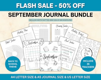 September Planner Bundle - Back To School Theme Printable - Undated Monthly Calendar - Black & White - September Journal Pages