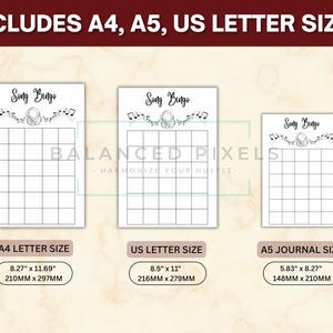 May include: Three Song Bingo printable sheets in A4, US Letter, and A5 sizes. Each sheet has a grid of squares with the words "Song Bingo" at the top, along with musical notes and headphones. The A4 size is 8.27" x 11.69", US Letter is 8.5" x 11", and A5 is 5.83" x 8.27".