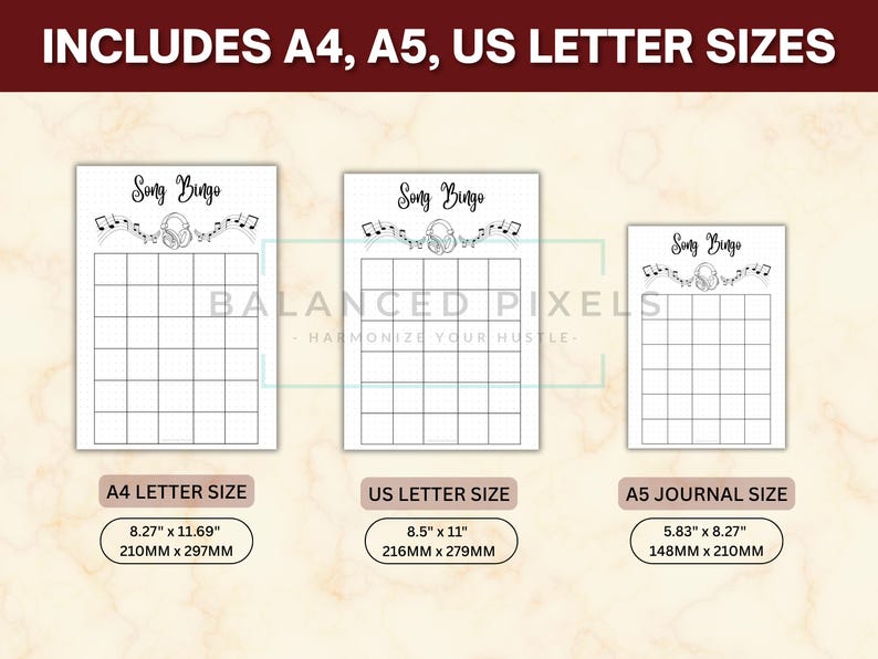 May include: Three Song Bingo printable sheets in A4, US Letter, and A5 sizes. Each sheet has a grid of squares with the words "Song Bingo" at the top, along with musical notes and headphones. The A4 size is 8.27" x 11.69", US Letter is 8.5" x 11", and A5 is 5.83" x 8.27".