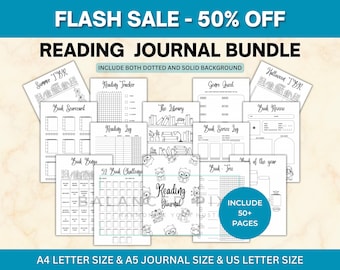 Printable Reading Journal Bundle - Book Tracker Log - Reading Planner PDF -  Book Review - Minimalist Bullet Journal - 53 Pages