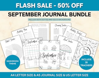 September Planner Bundle - Mushroom Theme Printable - Undated Monthly Calendar - Black & White - September Journal Pages