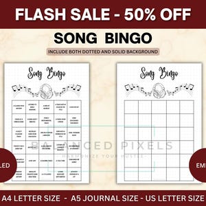 May include: Two Song Bingo game sheets, one filled and one empty, with musical notes and headphones. The text "FLASH SALE - 50% OFF" and "SONG BINGO" are at the top. The filled sheet has bingo prompts.