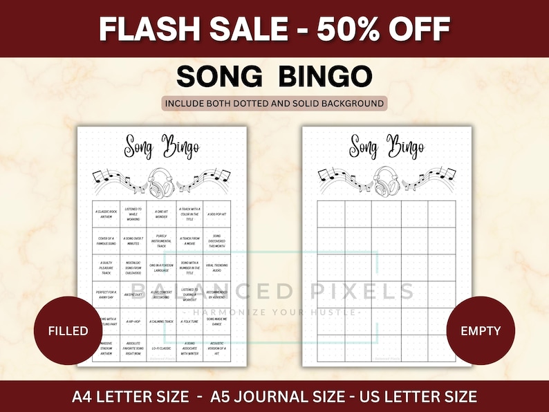 May include: Two Song Bingo game sheets, one filled and one empty, with musical notes and headphones. The text "FLASH SALE - 50% OFF" and "SONG BINGO" are at the top. The filled sheet has bingo prompts.