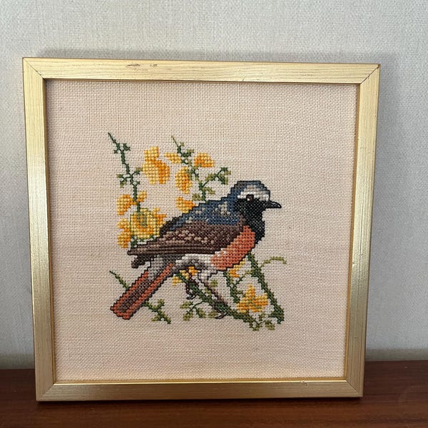 Vintage Bird Needlepoint Wall Art | Framed Scandinavian Cross Stitch Embroidery | Swedish Folk Decor