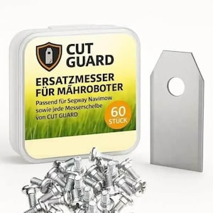 May include: A white plastic storage container with a label reading CUT GUARD ERSATZMESSER FÜR MÄHROBOTER, a single silver metal blade with a circular hole, and a pile of small silver metal screws for robotic lawn mowers, totaling 60 pieces.