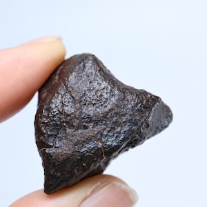 Pode incluir: Uma rocha castanha escura, de forma irregular, com uma superfície rugosa e texturizada. A rocha é segurada entre dois dedos contra um fundo branco. A cor da rocha é um castanho profundo e terroso.