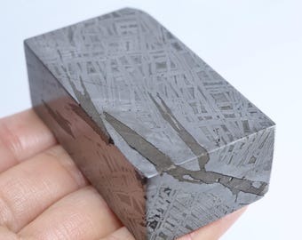 May include: A rectangular, metallic-gray meteorite specimen with a unique Widmanstätten pattern. The polished surface reveals a complex, cross-hatched crystalline structure. The meteorite is held in a hand against a white background.