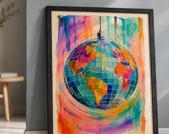 Carte du monde à imprimer | Affiche globe terrestre colorée | Carte du monde aquarelle | Décoration de chambre sur le thème du voyage | Téléchargement numérique