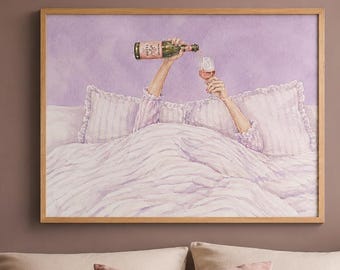 Affiche murale imprimable « Vin de lavande au lit » | Décoration de chambre féminine Coquette, poster aquarelle | Impression esthétique violet doux | Téléchargement numérique