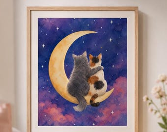 Affiche murale imprimable Chats sur la Lune | Illustration de chat céleste | Décoration féérique pour chambre d'enfant | Poster Lune et Étoiles | Téléchargement numérique