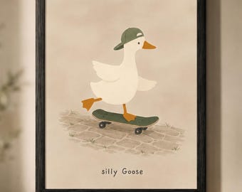 Affiche murale imprimable Oie rigolote | Oie sur skateboard | Affiche pour chambre d'enfant | Affiche animal de la ferme amusante | Décoration chambre garçon | Téléchargement numérique