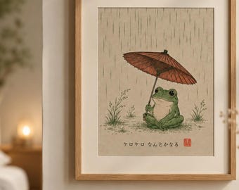 Affiche murale imprimable Grenouille japonaise | Estampe style Ukiyo-e | Grenouille avec parapluie | Décoration zen nature | Téléchargement numérique