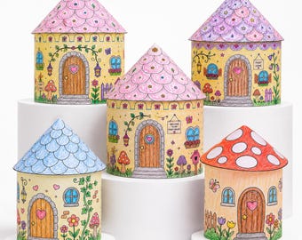 Maison de fées à imprimer, bricolage de maisons de fées en papier, coloriage de village de fées, activité de découpage et collage pour enfants, à imprimer pour la maternelle