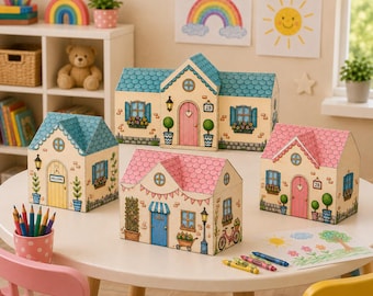 Maison en papier à imprimer pour enfants, PDF couleur et noir et blanc, activité de bricolage de village, jouet en papier pour la maternelle, téléchargement instantané