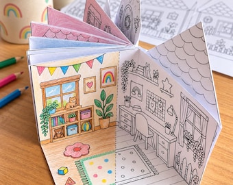 Foldable Paper House Template | Printable Coloring Craft PDF | 15 Pre-Decorated Rooms | DIY Dollhouse Kids Activity Digital Download