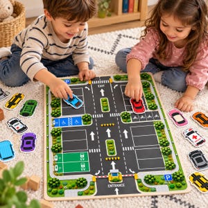 May include: A wooden parking lot play set featuring a black road layout with white lane markings, green landscaping elements, and designated parking spaces. The board includes text labels for ENTRANCE, EXIT, and EV charging stations.
