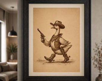 Affiche murale imprimable Oie Cowboy | Poster western vintage humoristique | Décoration chambre d'enfant Oie Rigolote | Art animalier de la ferme | Téléchargement numérique