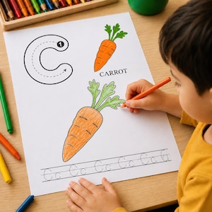 Målarbok med grönsaksalfabetet, A-Ö-resteringsblad för förskola, dagisaktiviteter, utskrivbar PDF