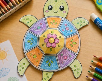 Bricolage de tortue pour enfants, tortue en papier 3D à imprimer, activité manuelle sur le thème des animaux, activité pour la classe de maternelle, découpage et collage, téléchargement instantané