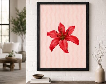 Affiche murale Lys rouge à imprimer | Aquarelle florale | Décoration botanique romantique | Poster sur fond rose pâle | Téléchargement numérique