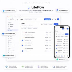 May include: A digital planner interface titled LifeFlow displayed on a desktop browser and a mobile device. The white-themed layout features a task management dashboard with list, kanban, and timeline views, plus sidebar navigation for habits, finance, notes, and analytics.