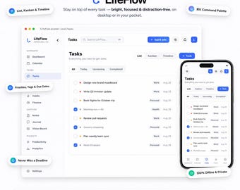LifeFlow — Agenda numérique tout-en-un | Agenda HTML interactif pour tâches, habitudes, objectifs, budget et journal | Fonctionne hors ligne, aucune application requise