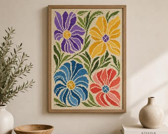 Modèle de point de croix floral moderne (PDF), diagramme de broderie florale facile, broderie botanique pour débutants, modèle DMC, téléchargement instantané