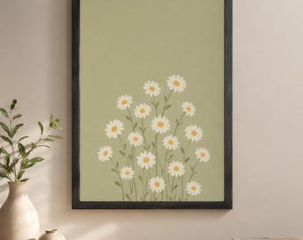 Affiche murale marguerite à imprimer | Illustration botanique minimaliste | Poster floral vert sauge | Décoration florale style cottage | Téléchargement numérique
