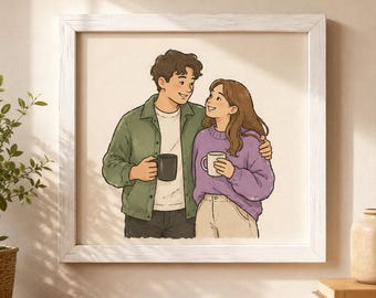 Portrait de couple dessiné à la main à partir d'une photo | Portrait de couple personnalisé style cartoon | Illustration de famille | Cadeau d'anniversaire | Téléchargement numérique