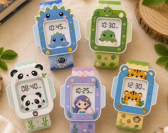 Modèle de montre connectée en papier à imprimer pour enfants, bracelet animaux mignons (PDF), activité de bricolage en papier, bricolage pour la classe, téléchargement instantané