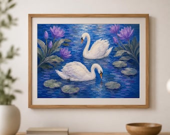 Illustration botanique vintage de cygne | Art cottagecore rose poudré, violet et vert sauge (Téléchargement numérique)
