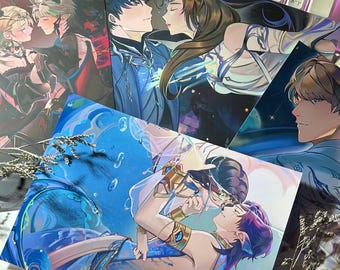May include: A collection of anime-style art prints featuring various romantic pairs in fantasy settings. The illustrations display characters with detailed hair and clothing, vibrant blue, red, and dark color palettes, and ethereal light effects.