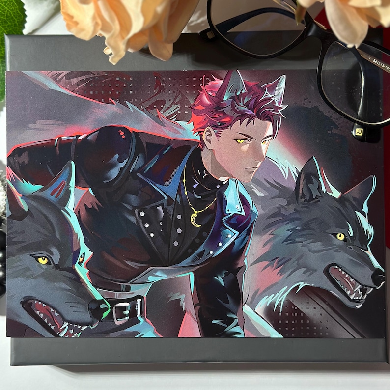May include: A rectangular art print featuring an anime-style character with red hair and wolf ears, wearing a black jacket and a gold crescent moon necklace. The character is flanked by two snarling grey wolves with yellow eyes against a dark background.